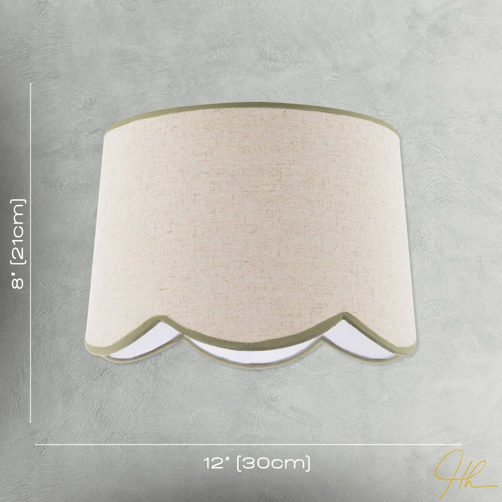 Natural Oatmeal Textured Linen Scallop Lamp Shade with Olive Trims