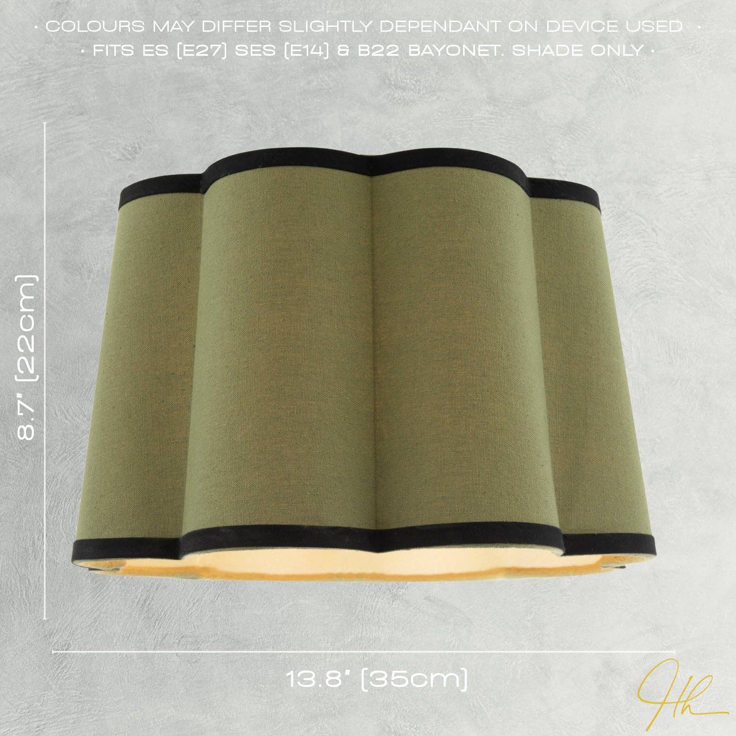 Olive Green Linen Scallop Drum Lamp Shade with Black Cotton Trims