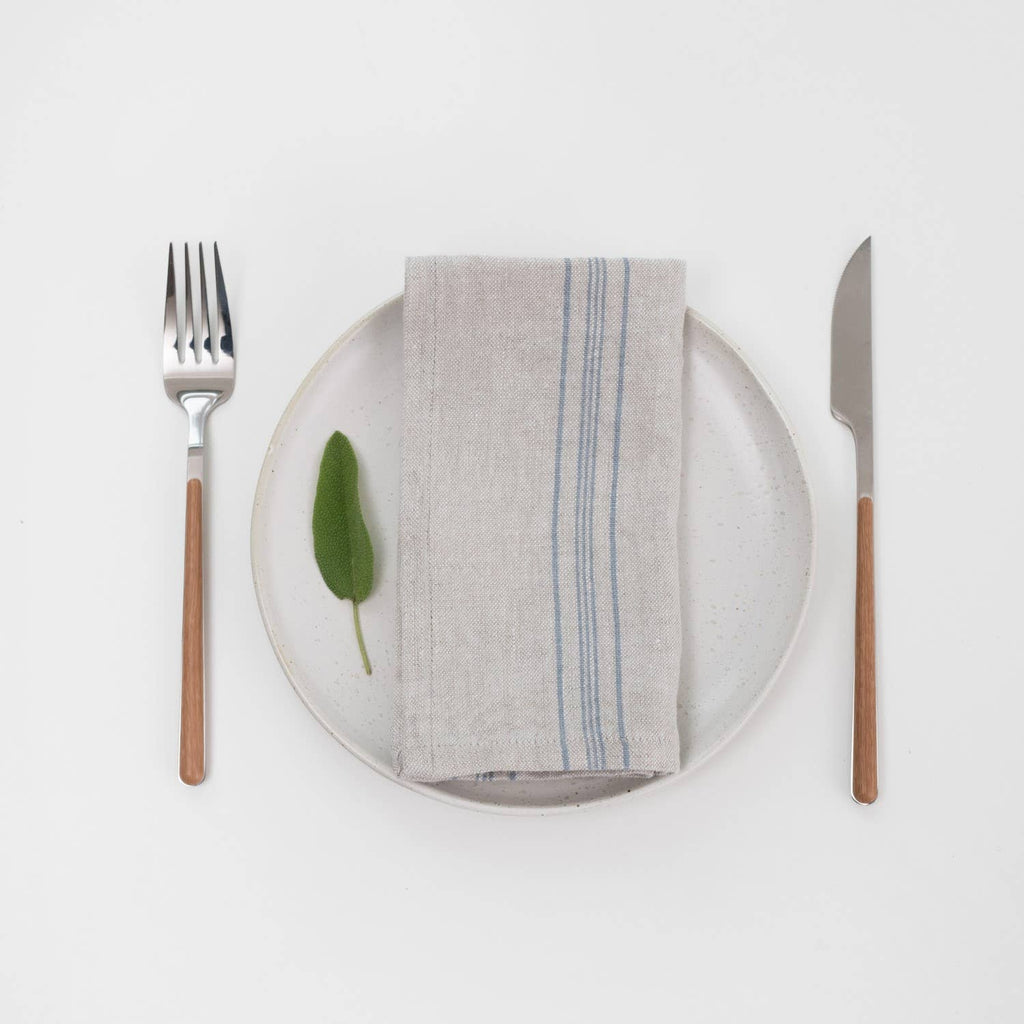 Grey Blue Wide Stripe Rustic Linen Napkins Set of 2