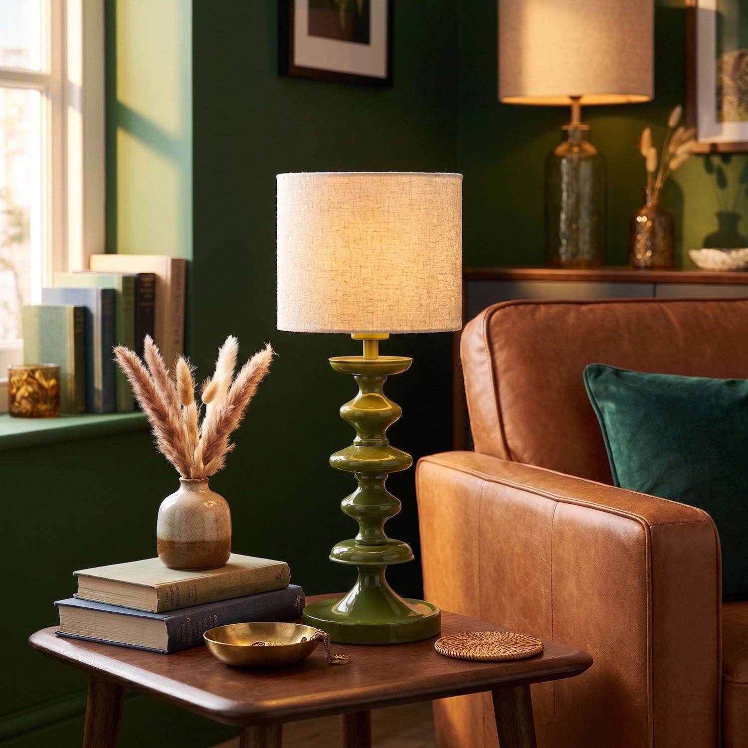 Modern Olive Green Gloss Table Lamp Base with Chic Round Step Design