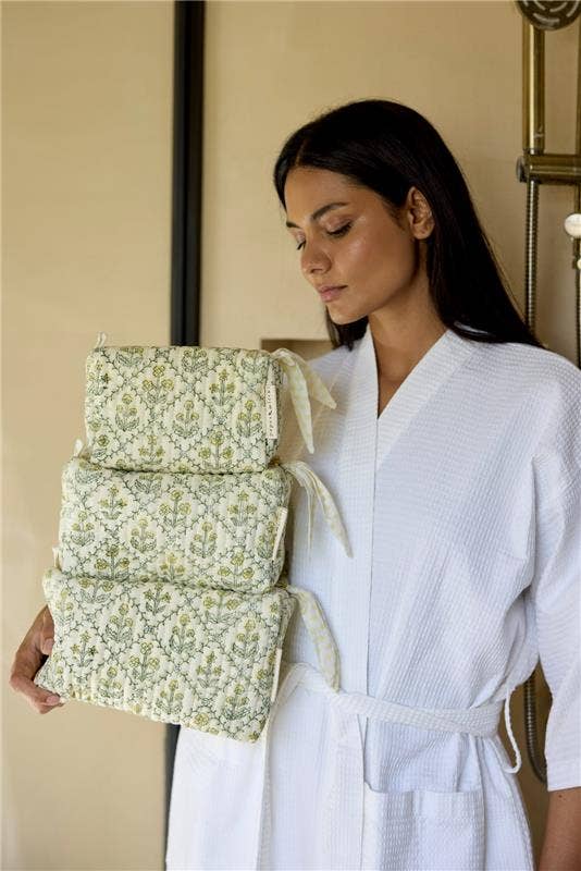 Organic Cotton Toiletry Bag (Large) - Floral Lattice Buttercream