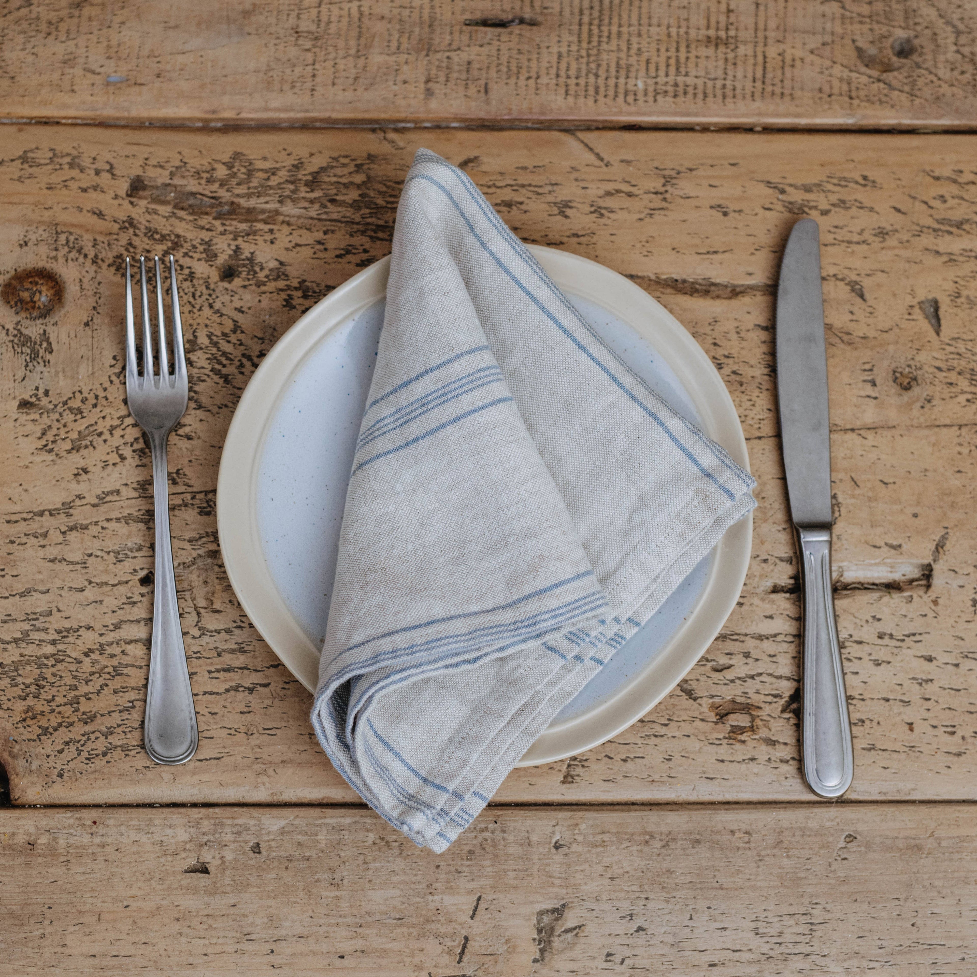 Grey Blue Wide Stripe Rustic Linen Napkins Set of 2